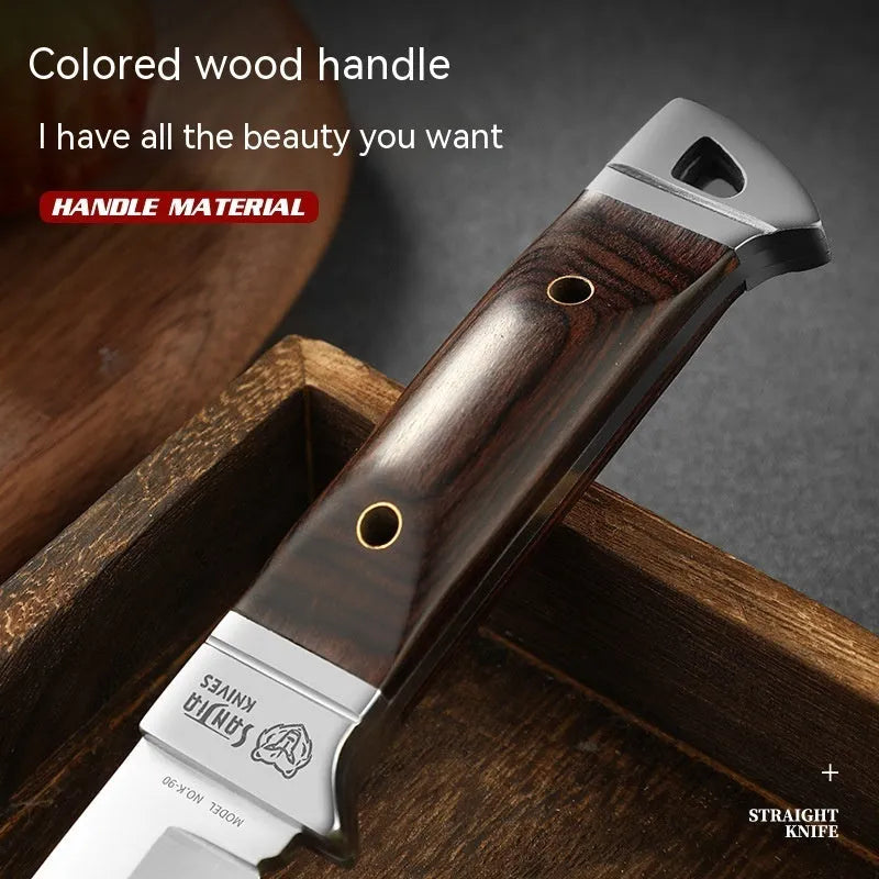 Camping knife with leather sheath case showing stainless steel blade and national style design.