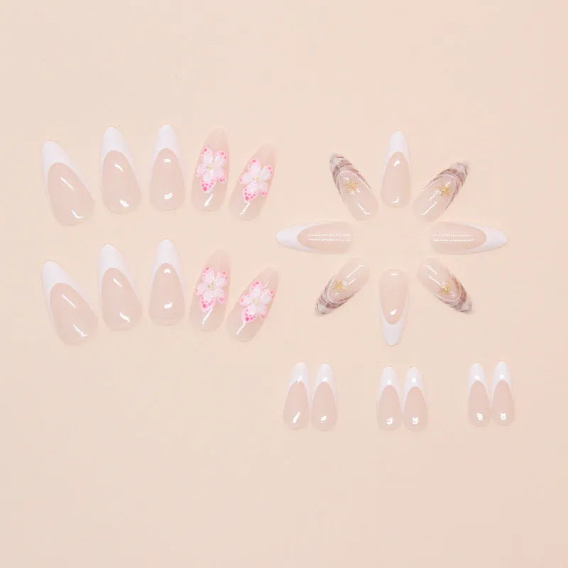 W1764 simple flower French style false nails with rock pattern patch, full 24-piece plastic kit.