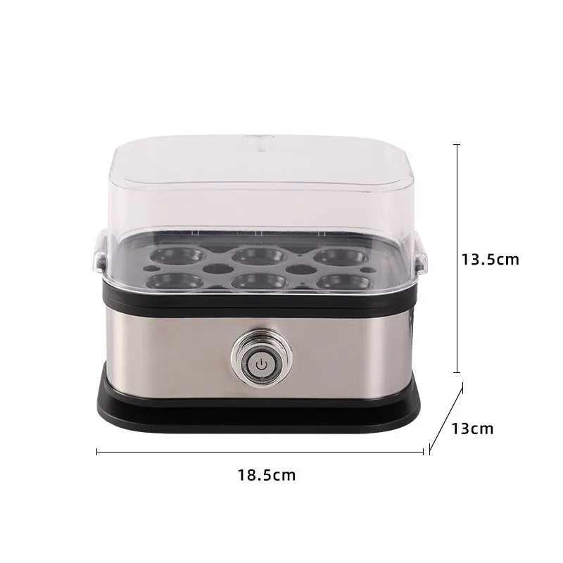 Black stainless steel portable egg boiler with a carry belt on a white background.