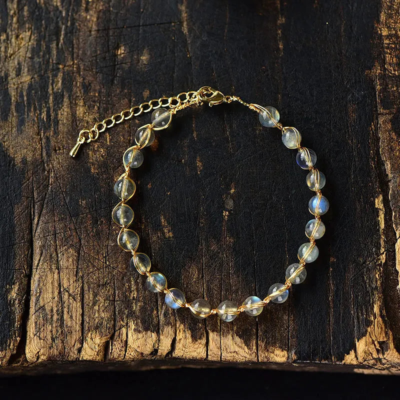 14K gold-plated women's bracelet with 6mm blue moonstone beads and metal starry sky accents