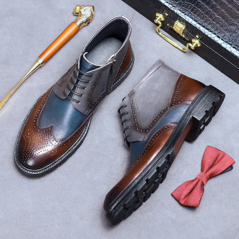 Men's coffee blue vintage brogue ankle boots with colour-blocked panels and leather laces.