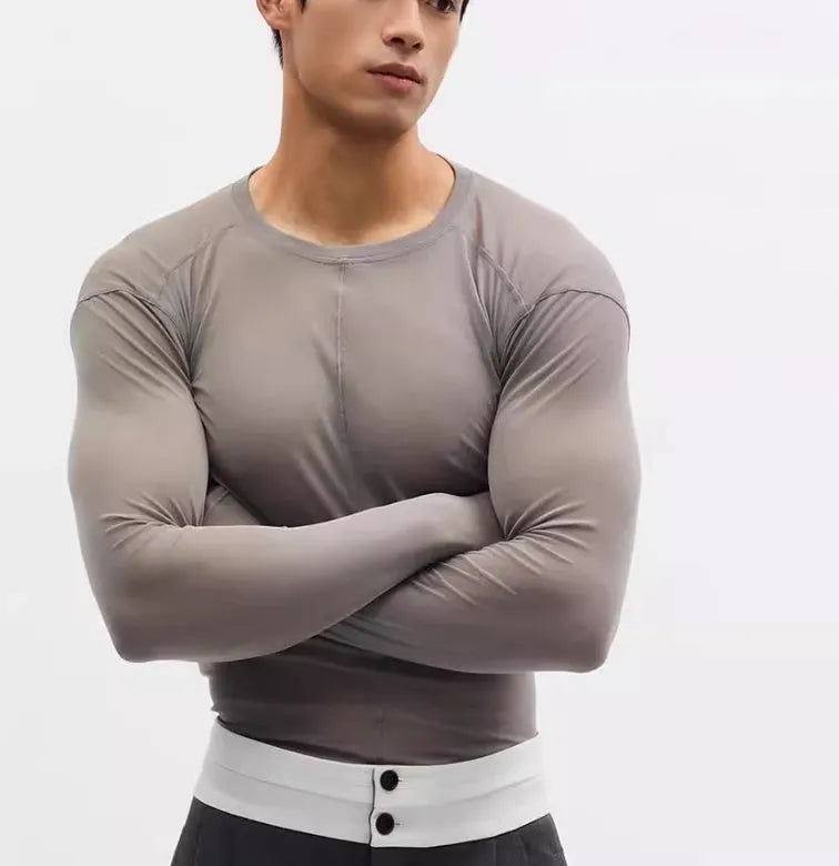 Black mesh see-through texture slim-fit long sleeve pullover on a hanger.