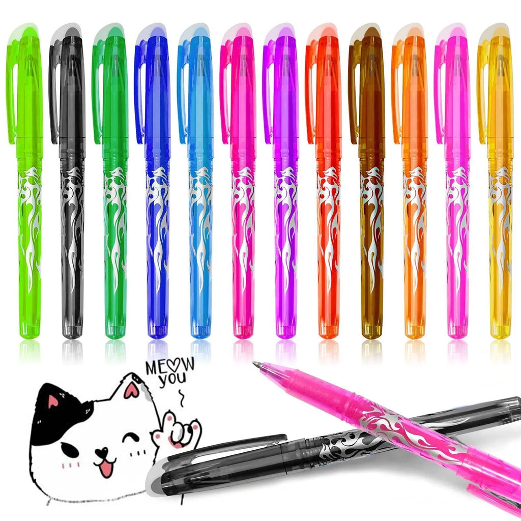 Heat-erasable gel pens with plastic barrels and stainless steel nibs in multiple colours
