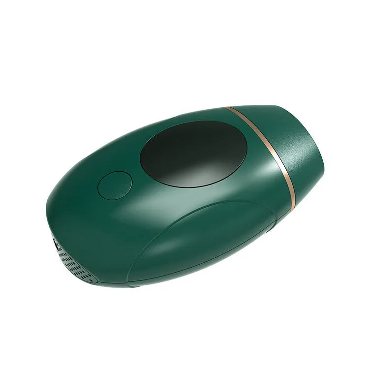 Green laser hair removal device with 900,000 flashes, power adapter, and English manual on white background