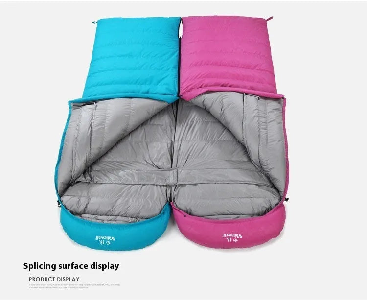 Black outdoor down sleeping bag with envelope structure for adults, shown with white goose down filler.