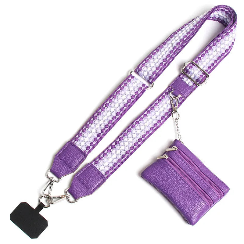Polyester mobile phone lanyard with silk screen print in apricot colour showing long shoulder strap design
