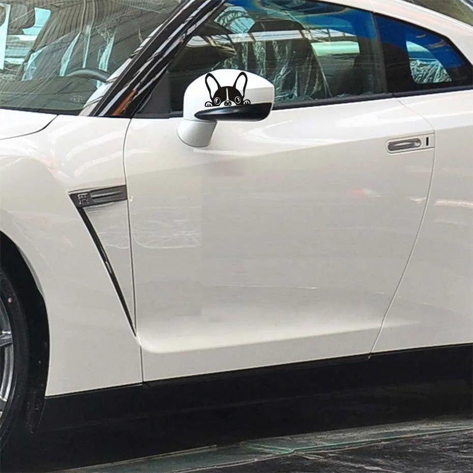 French bulldog reflective car sticker 15cm x 10cm in black, applied to a car window