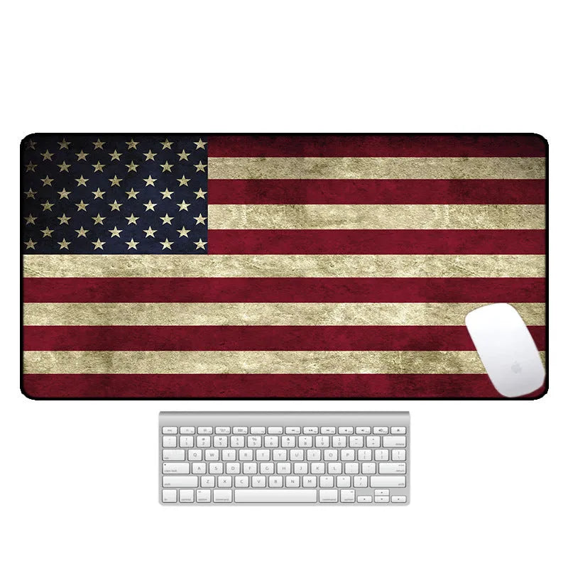 Large natural rubber desk mat with printed pattern, shown on a desk with keyboard and mouse.