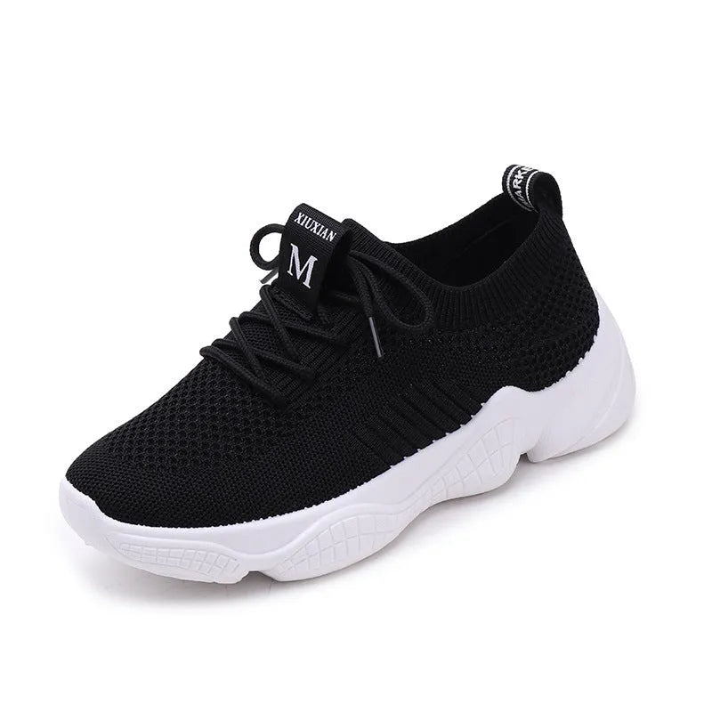 Women's white casual sports shoes with woven upper and thick rubber sole