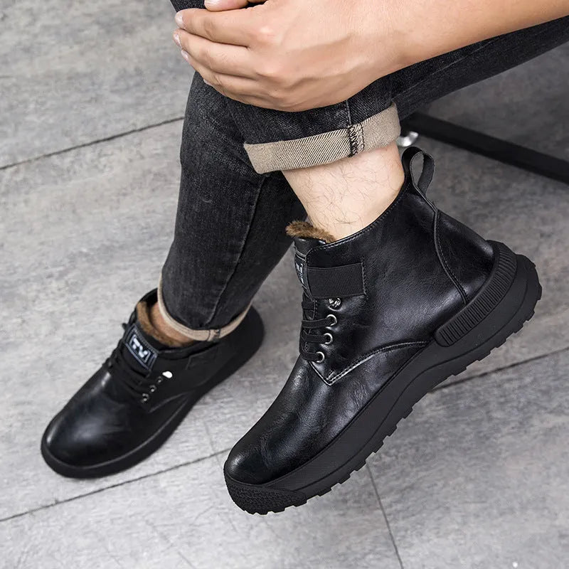 Men's black high-top platform Martin boots with a velvet finish and rubber sole.