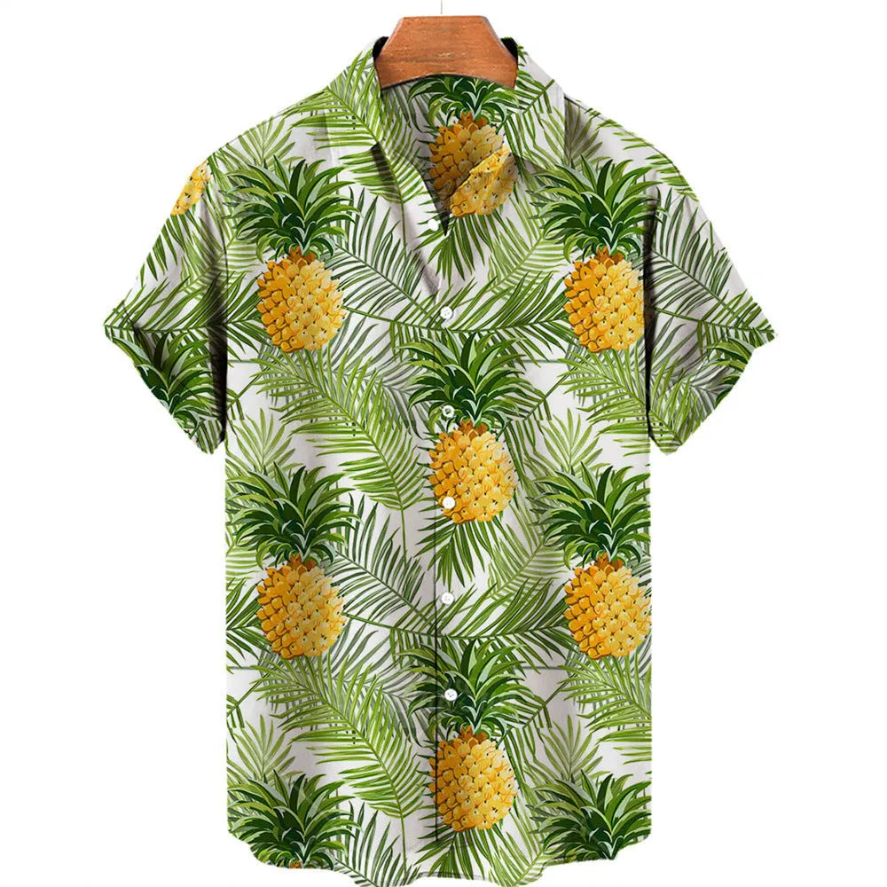 Men's casual fruit print Hawaiian shirt in apricot with short sleeves and lapel collar