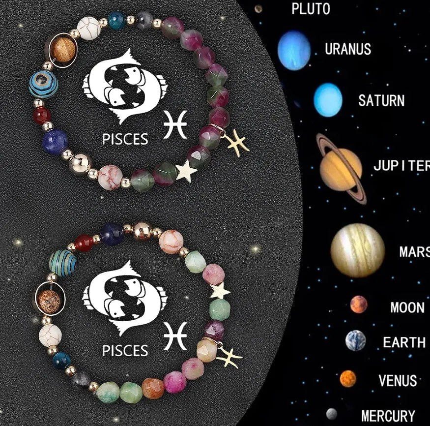 Natural stone beaded bracelets showing zodiac sign designs for complete astrological collection