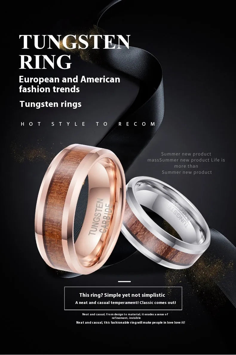 8mm wide Ugyen wood and leather men's ring with U-shaped band in rose gold or steel finish