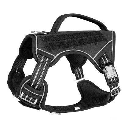 Black Oxford cloth tactical chest strap for a large search and rescue working dog.