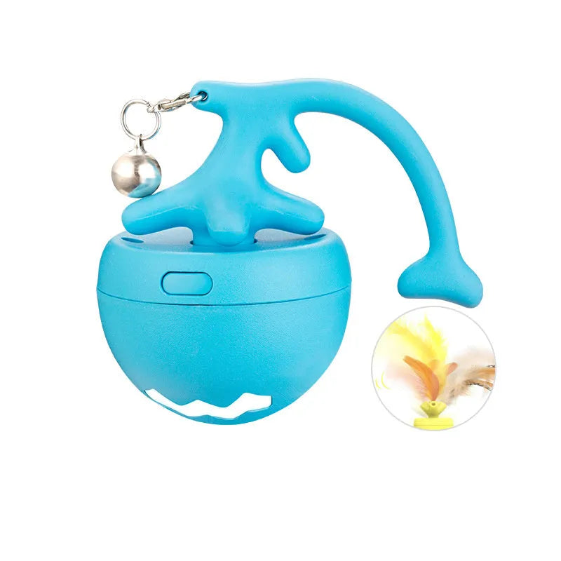 USB electric cat teasing ball with fish bone-shaped roller and replaceable teasing stick in blue, pink, and yellow colours