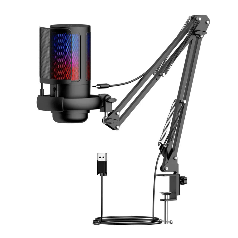 USB condenser microphone with colourful LED lights on a desktop cantilever stand.