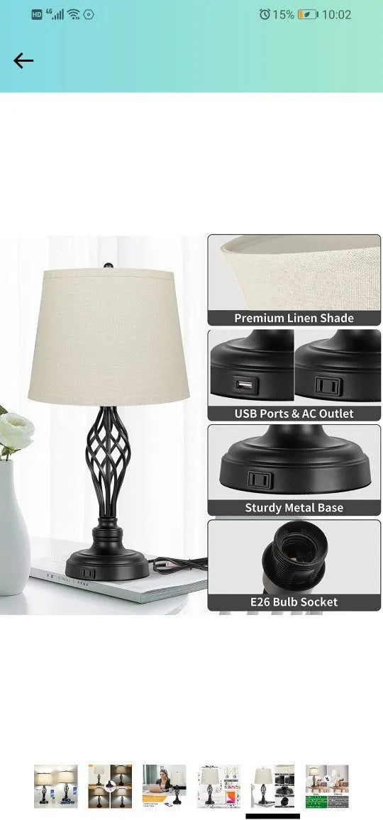 European style alloy bedside lamp with touch controls and USB charging port