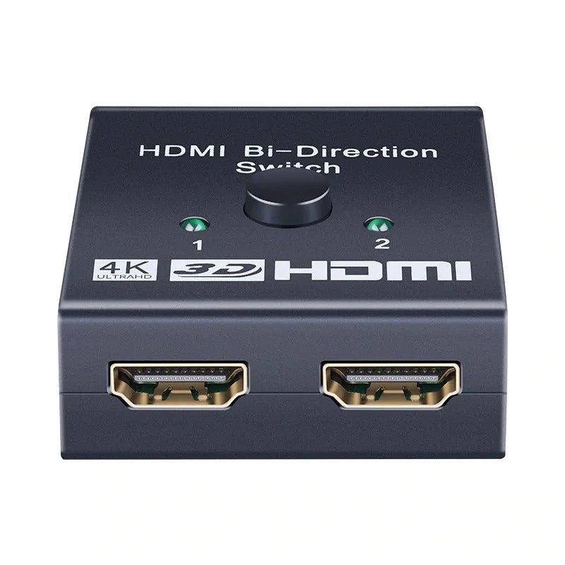HDMI switcher 2 in 1 out black compact plug and play with one-click switching button