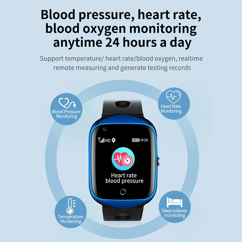 Elderly smartwatch with square 1.3-inch screen and silicone strap shown in black colour