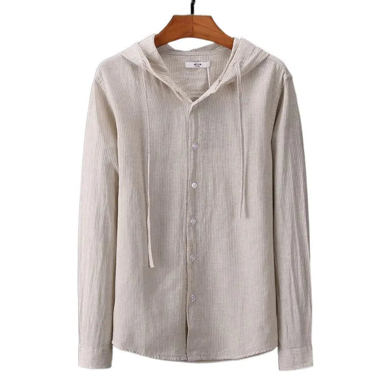 Men's hooded tether striped long sleeve shirt in apricot with wool lining for plus size casual wear
