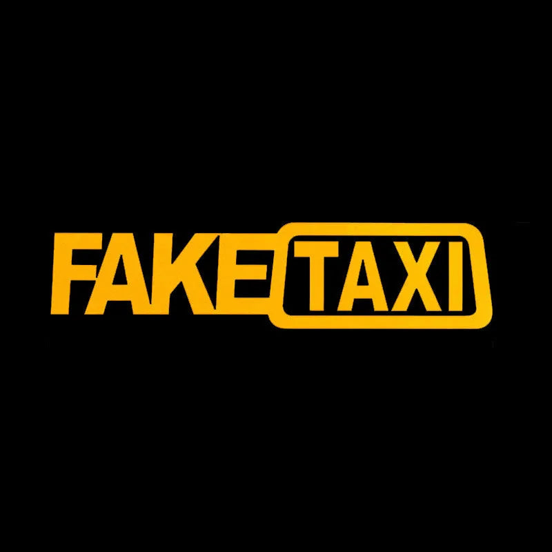 FAKE TAXI car warning sticker in yellow, black and white colour options measuring 20 by 8 centimetres