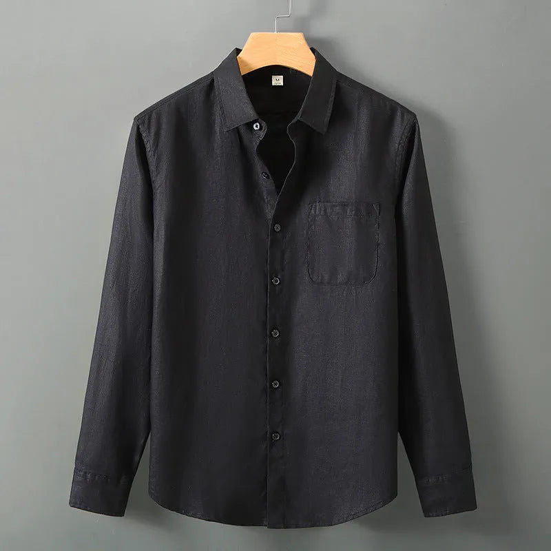 Chinese style linen cardigan shirt with long sleeves in solid colour