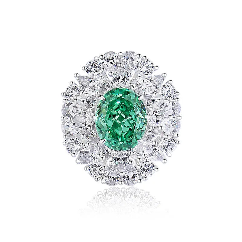 S925 sterling silver ring for women with a green emerald stone set using Palaibahao inlay and diamond accents.