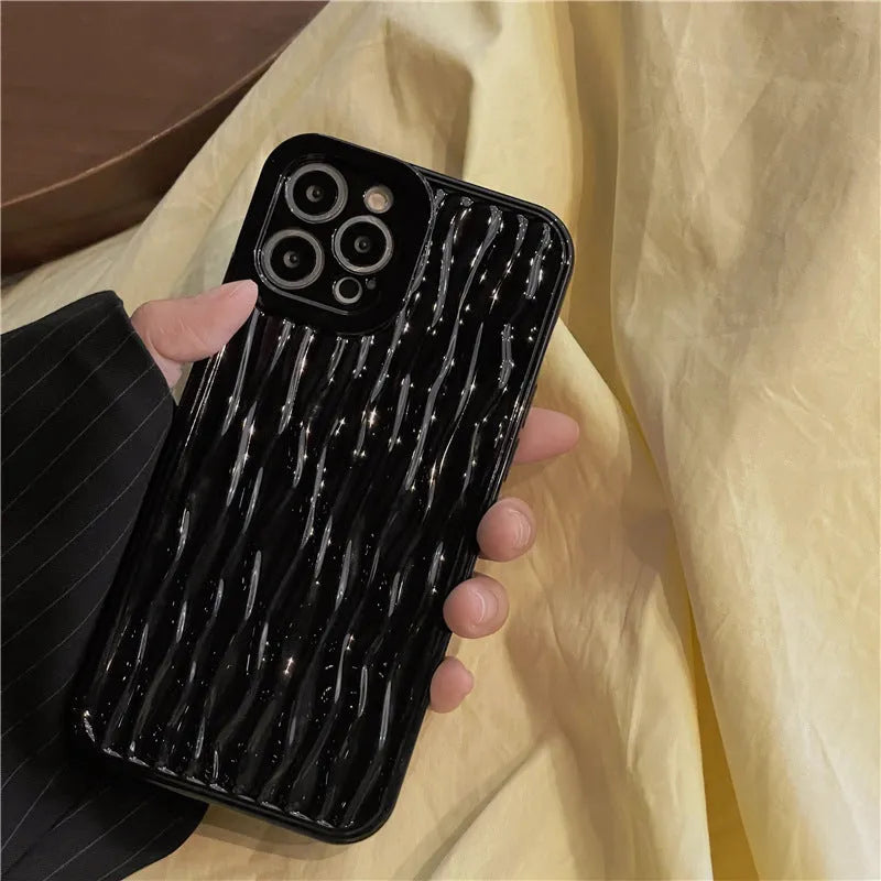 Silicone water ripple phone case with glossy surface back cover in black for iPhone 13