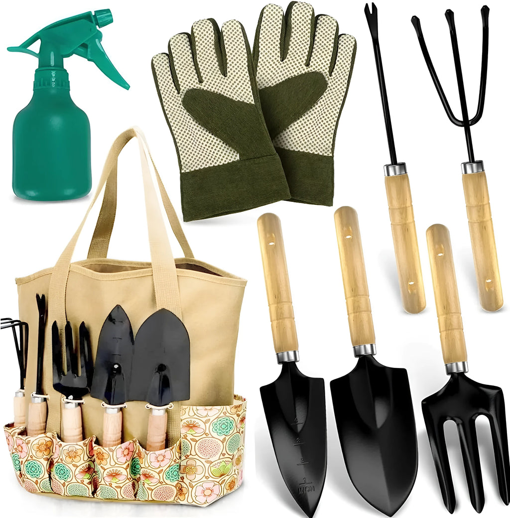 Stainless steel gardening hand tools set of eight pieces including trowel and fork on a garden surface