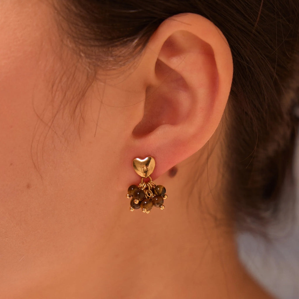 Retro natural stone beaded earrings stainless steel 18K electroplated heart geometric shape for women