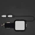 Black and gold dual USB car charger with retractable cable for vehicle use