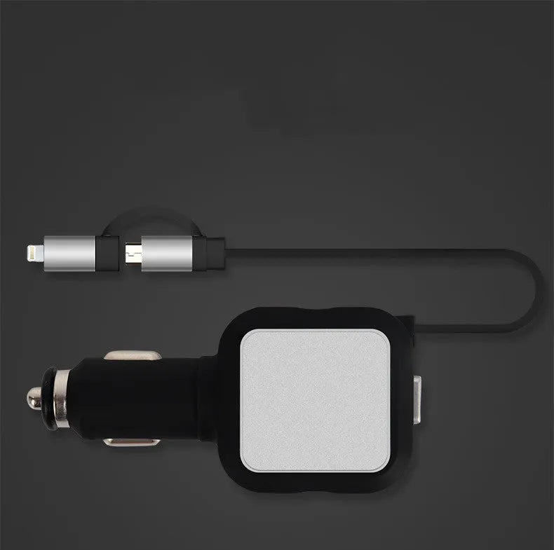Black and gold dual USB car charger with retractable cable for vehicle use