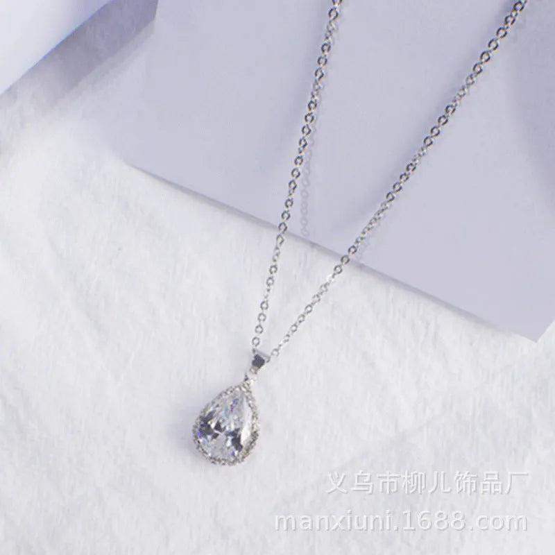 Rose gold drop necklace with rhinestone pendant in pink colour, geometric Japanese Korean style women's jewellery