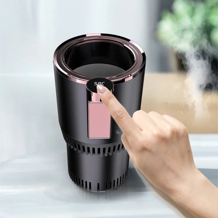 Smart hot and cold car cup in purple gold with aluminium interior and US plug adapter, 166mm height