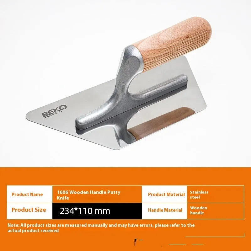 Stainless steel putty scraper with wooden handle for applying filler to walls and floors.