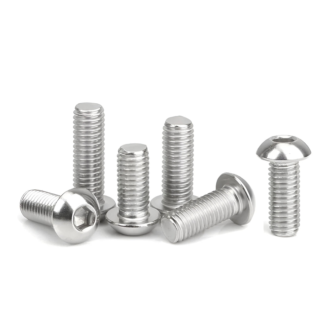 Stainless steel half round head hexagon screw with whitewash finish, shown next to a hex key.
