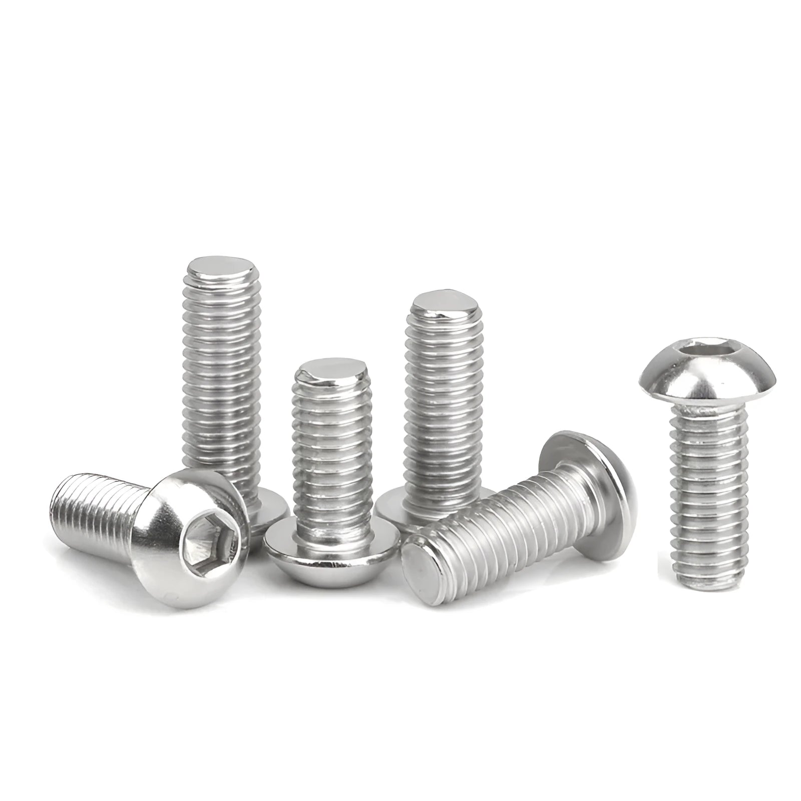 Stainless steel half round head hexagon screw with whitewash finish, shown next to a hex key.