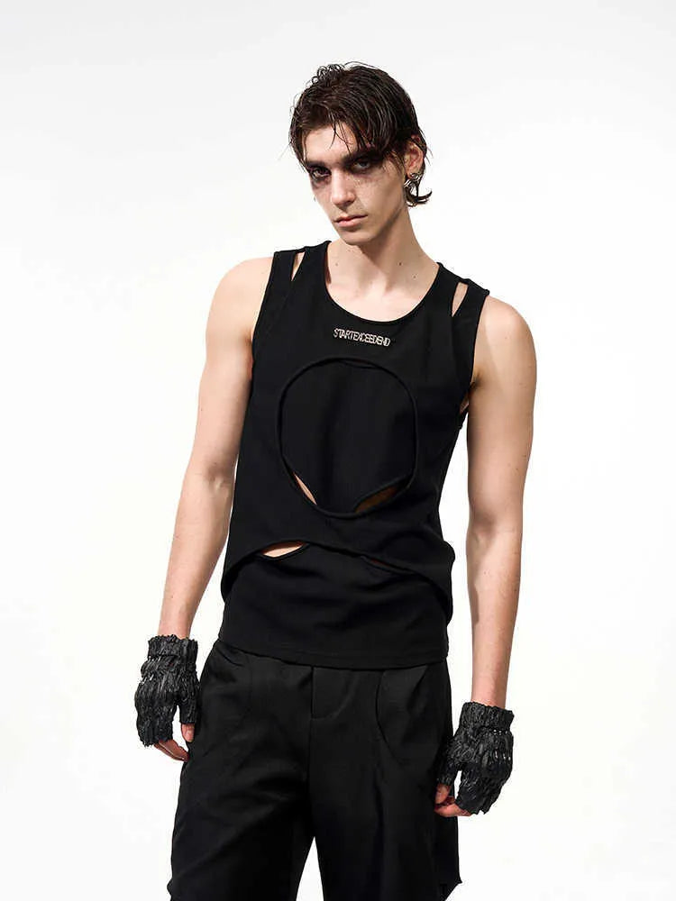 Men's black sleeveless waistcoat with hollow thread construction and round neck collar
