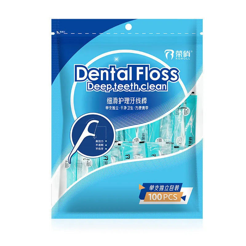 Independently packaged dental floss in portable plastic bag with 100 single-use strands
