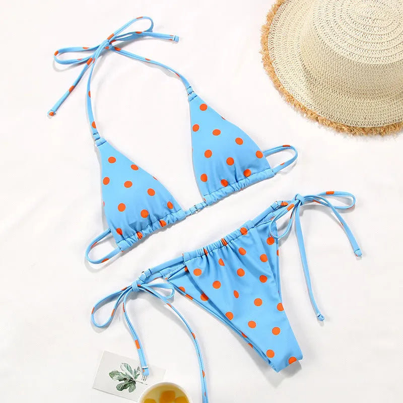 Women's polka dot print halter neck split swimsuit bikini in watermelon gradient colour