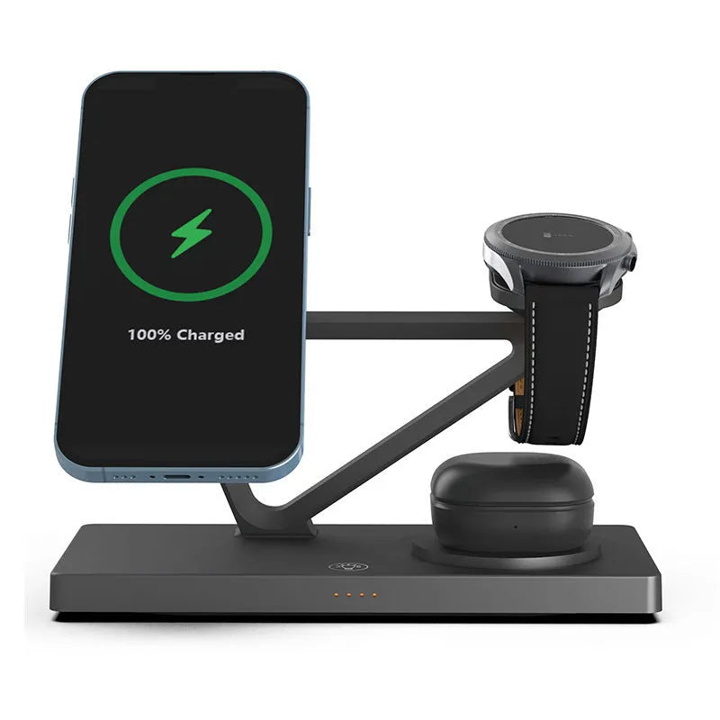 White five-in-one wireless charging station with night lamp, magnetic phone bracket, circular base, and watch charger.