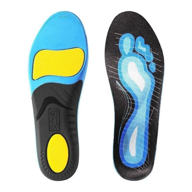 Blue and green PU flat foot correction insoles for arch support, shown in various sizes.