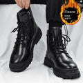 Men's mid-top tide British leather boots with flat rubber soles in black colour