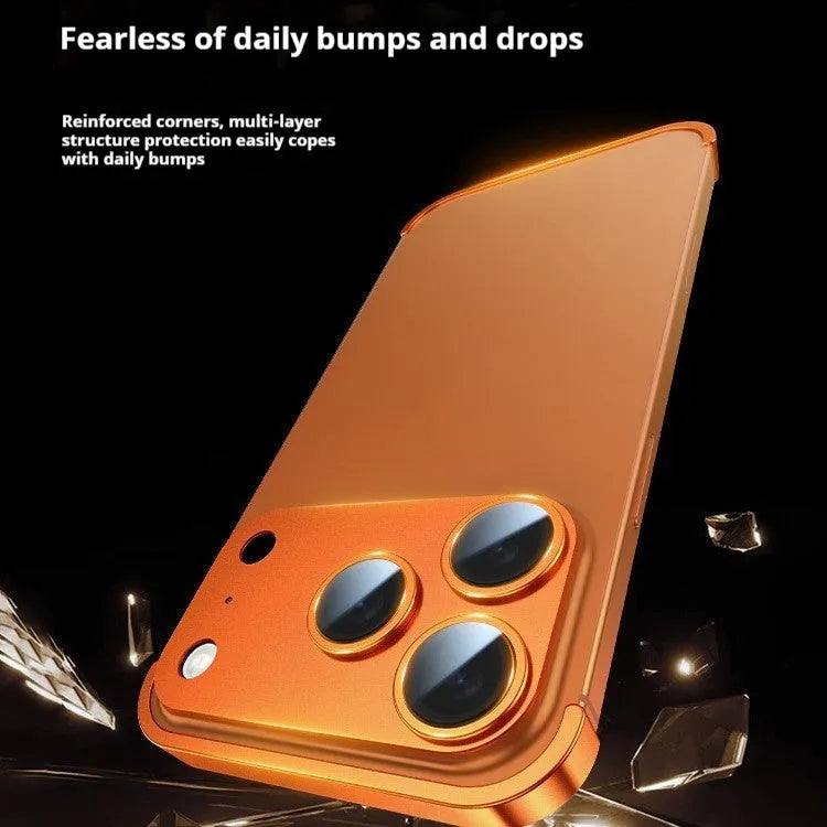 Metal corner pad phone case for iPhone 17 Pro Max in Black, ultra-thin frameless alloy with frosted finish