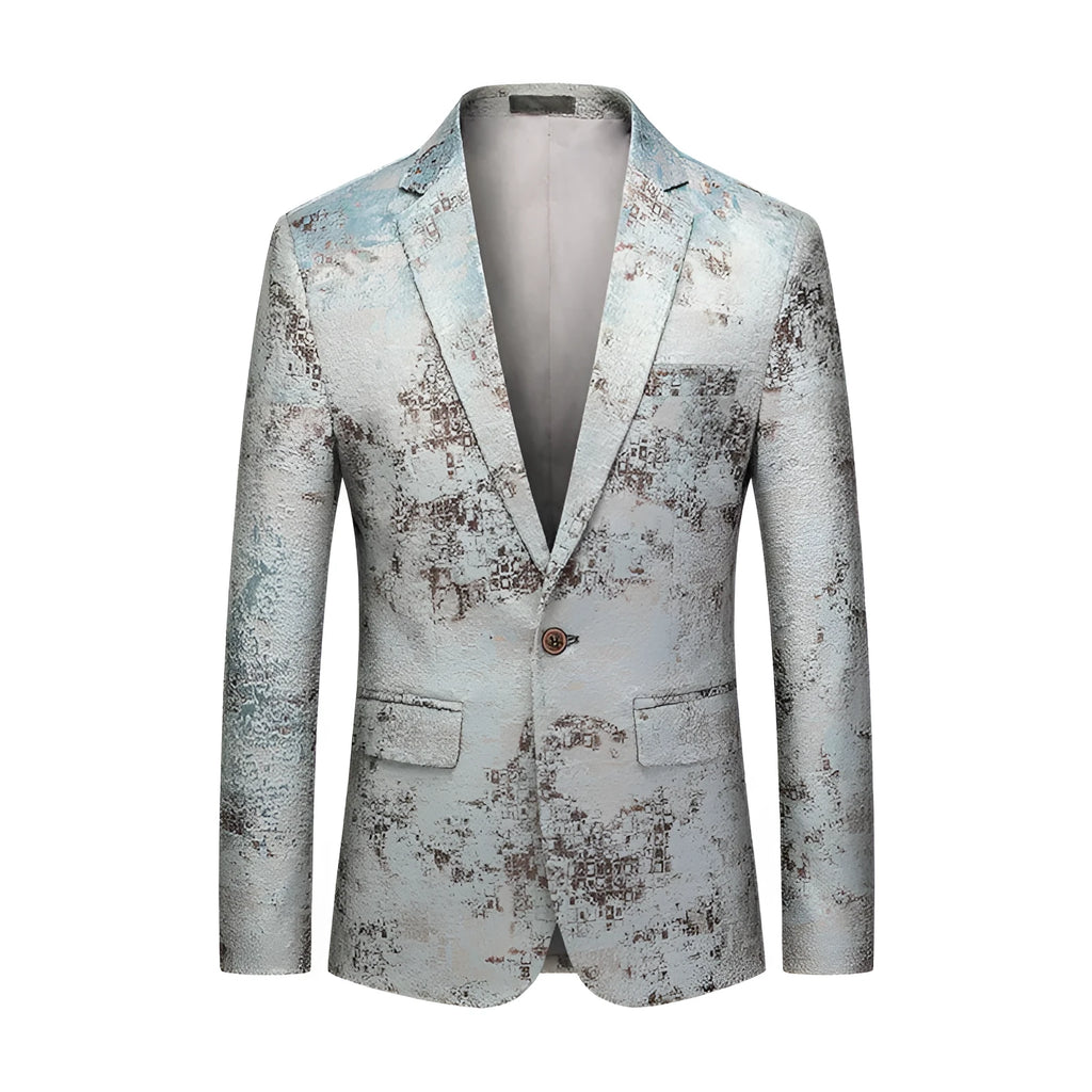 Men's casual blazer in graphic colour with suit collar, single button front, and slim fit silhouette