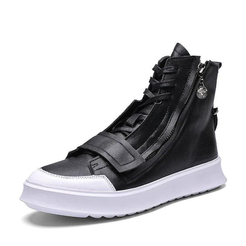 Men's black PU leather ankle boots in high-top sneaker style with microfiber construction