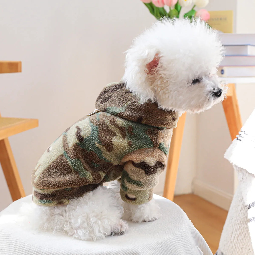 Camouflage dog sweater on a light background, showing full-body style with ribbed hem