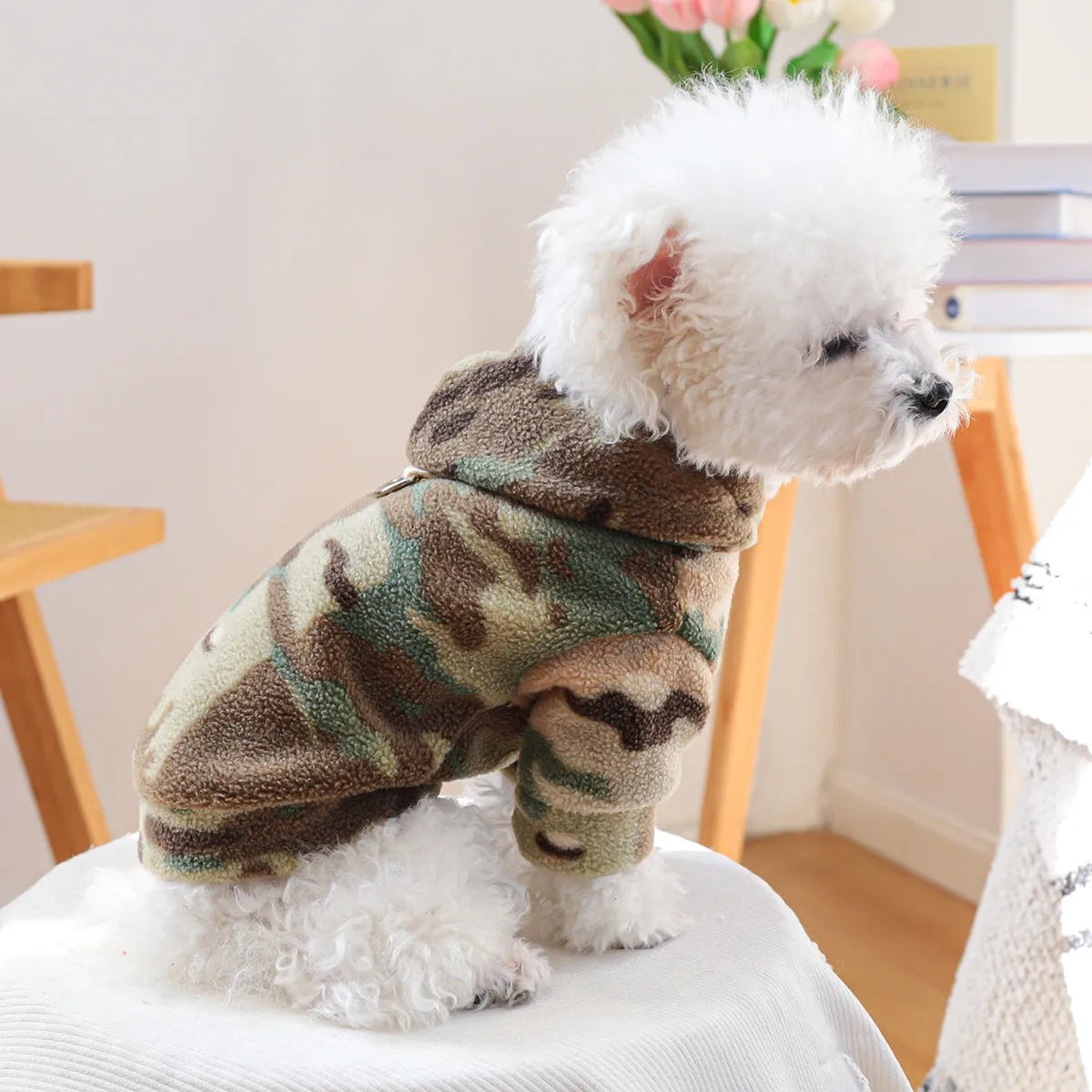 Camouflage dog sweater on a light background, showing full-body style with ribbed hem