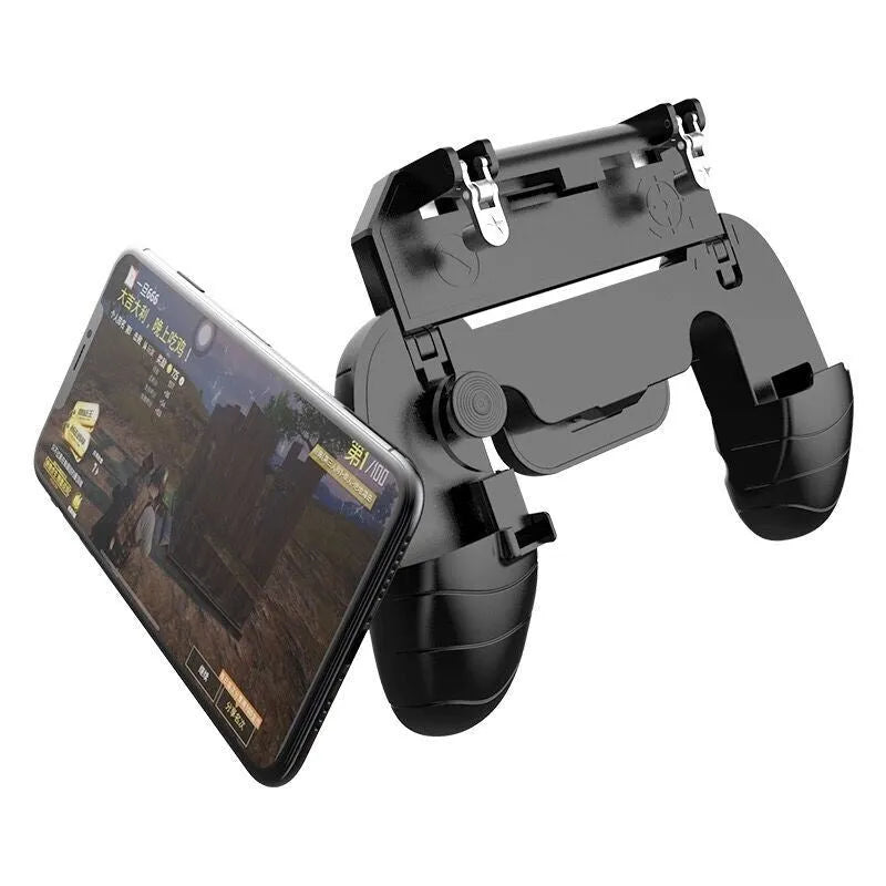 A telescopic mobile game controller holding a smartphone, shown in black, blue, and white colour options.
