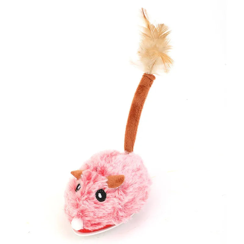 Electric cat pole toy with plush mouse in pink, gray or purple colours
